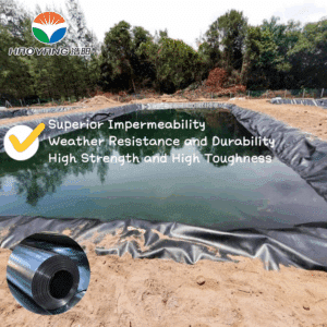 HDPE geomembrane installed in artificial lake for water retention, showing seamless welding and natural integration with landscape
